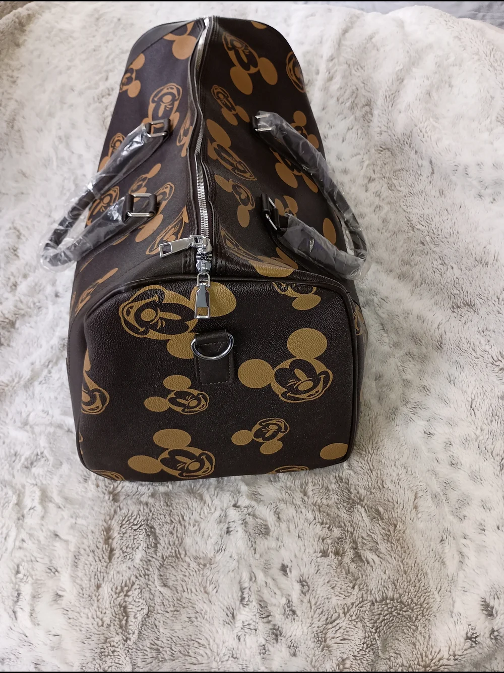 Brown Mickey Mouse Print Travel Duffle Bag